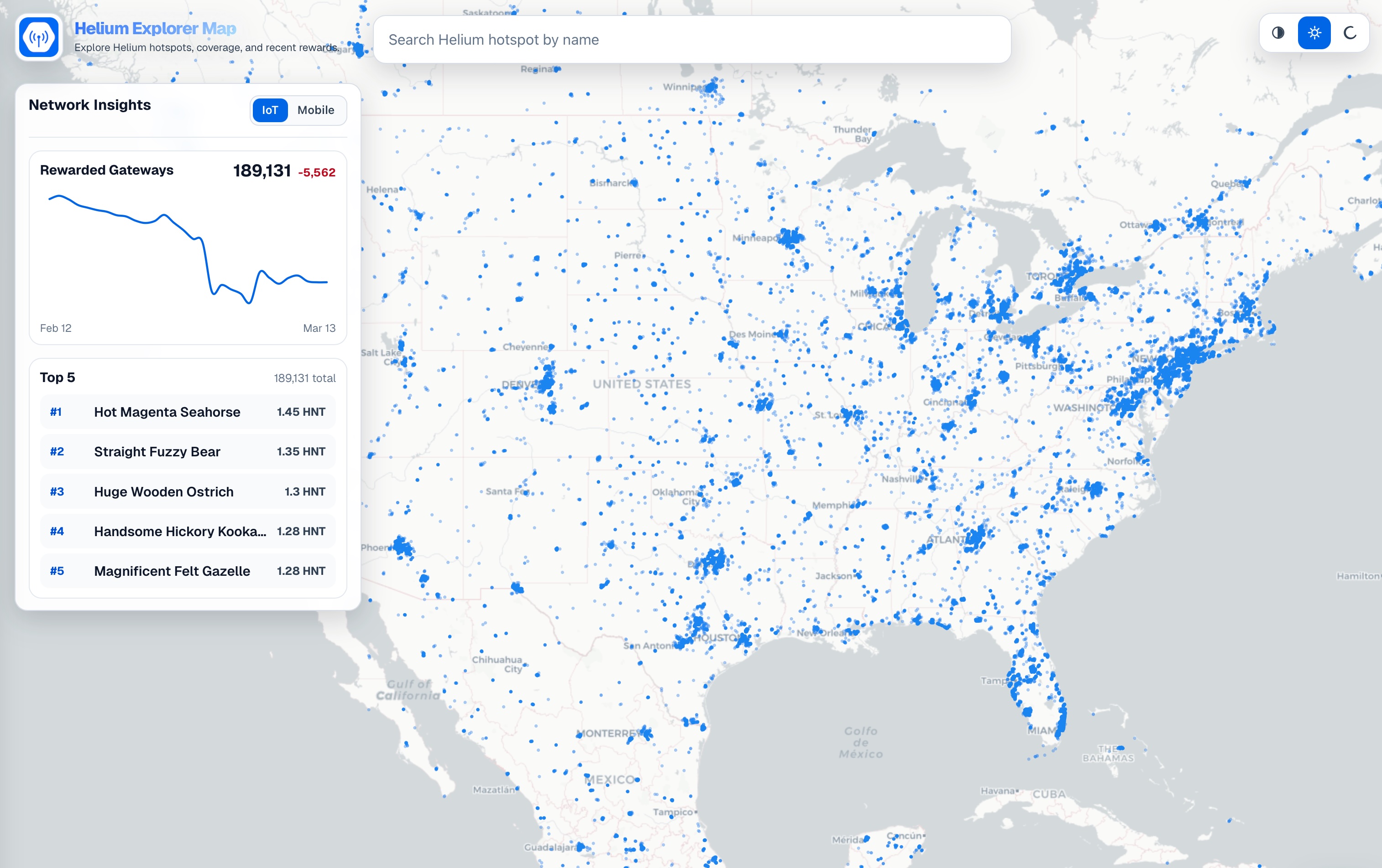 Light mode screenshot of the HeliumGeek Helium Explorer Map with network insights and hotspot search