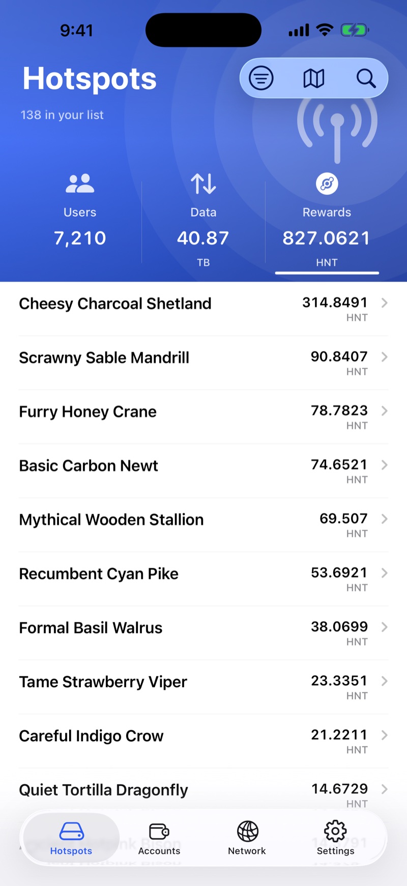 HeliumGeek mobile dashboard showing users, data, rewards, and hotspots
